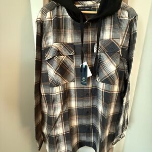 Trinity Coast Gray and Brown Plaid Casual Button Down Shirt with hood